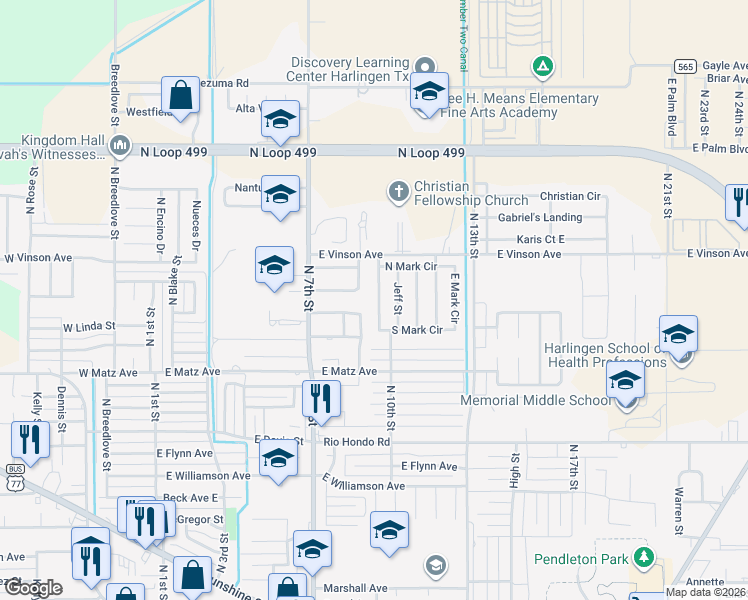 map of restaurants, bars, coffee shops, grocery stores, and more near 2614 West Mark Circle in Harlingen