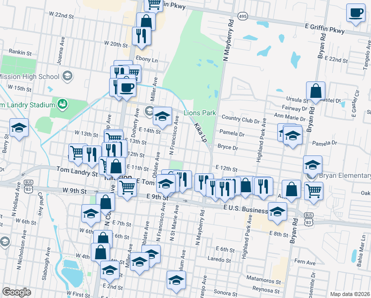 map of restaurants, bars, coffee shops, grocery stores, and more near 1298 North Saint Marie Street in Mission