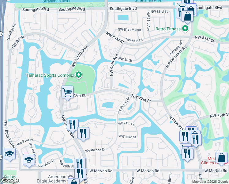 map of restaurants, bars, coffee shops, grocery stores, and more near 9525 Weldon Circle in Tamarac