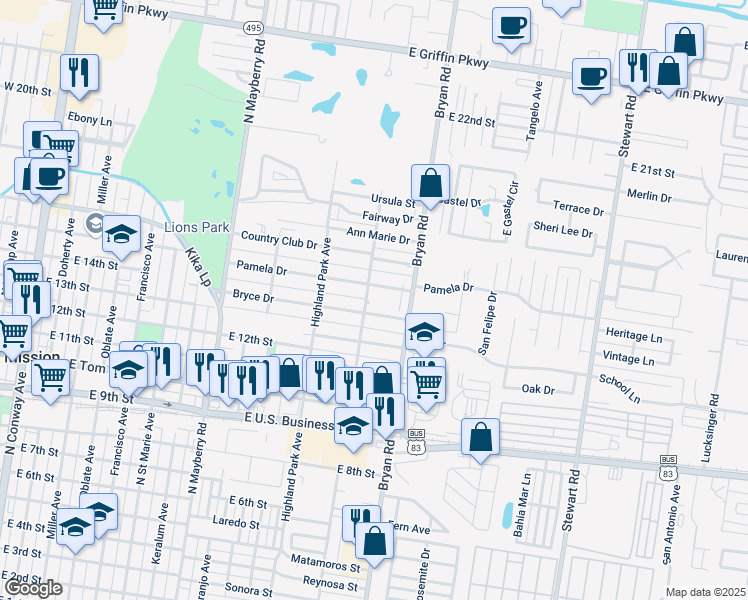 map of restaurants, bars, coffee shops, grocery stores, and more near 1201 Bryce Drive in Mission