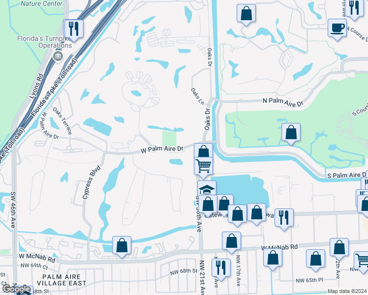 map of restaurants, bars, coffee shops, grocery stores, and more near 2364 West Palm Aire Drive in Pompano Beach