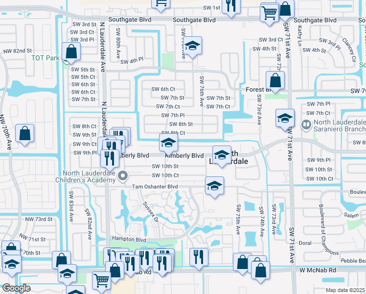 map of restaurants, bars, coffee shops, grocery stores, and more near 7717 Southwest 9th Street in North Lauderdale