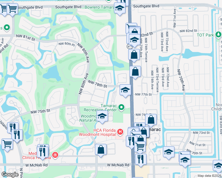 map of restaurants, bars, coffee shops, grocery stores, and more near 7790 Northwest 78th Avenue in Tamarac