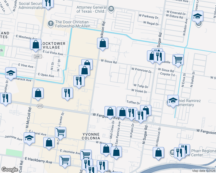 map of restaurants, bars, coffee shops, grocery stores, and more near 2210 North Jackson Road in Pharr
