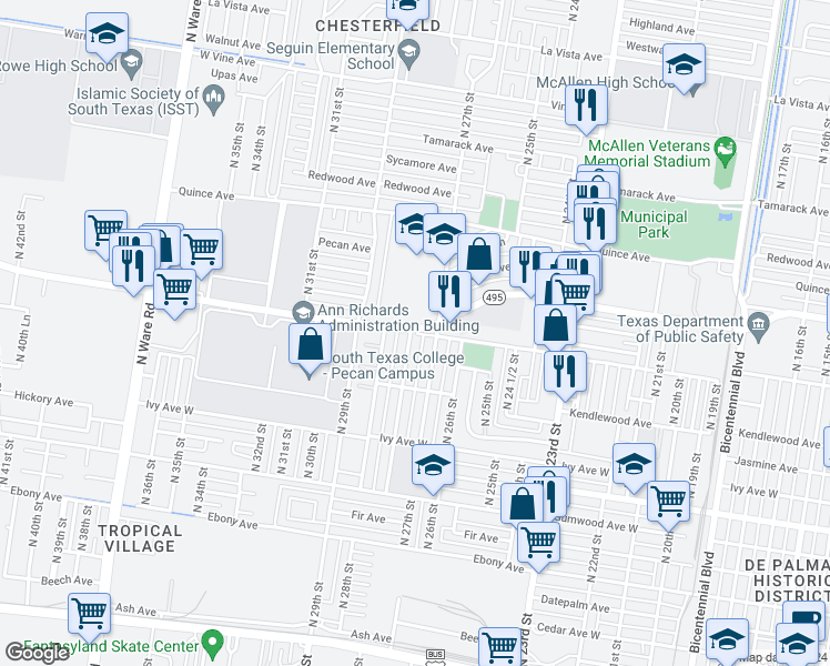 map of restaurants, bars, coffee shops, grocery stores, and more near 4901 West Maple Avenue in McAllen