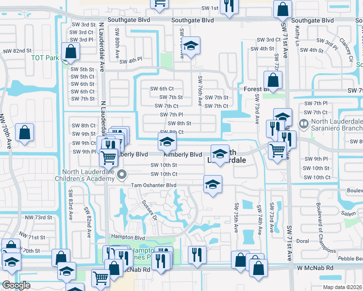 map of restaurants, bars, coffee shops, grocery stores, and more near 7717 Southwest 9th Street in North Lauderdale