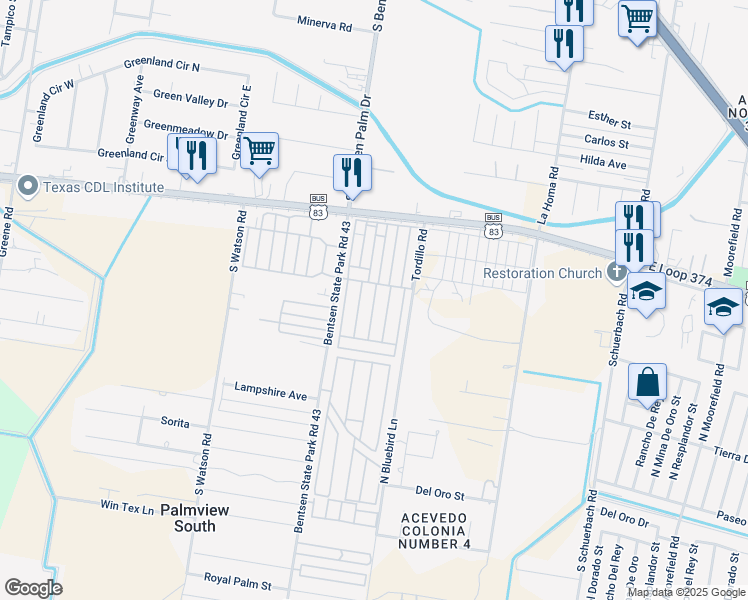 map of restaurants, bars, coffee shops, grocery stores, and more near 1645 South Bentsen Palm Drive in Palmview