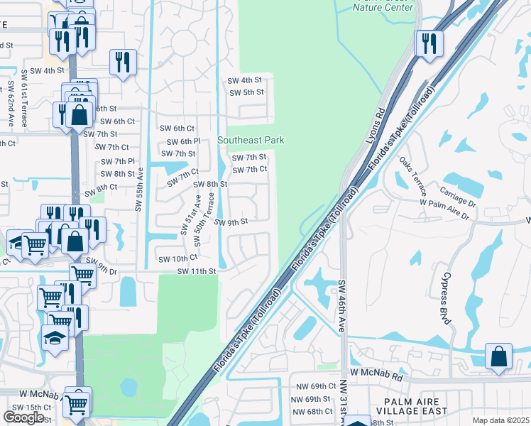 map of restaurants, bars, coffee shops, grocery stores, and more near 851 Southwest 49th Way in Margate