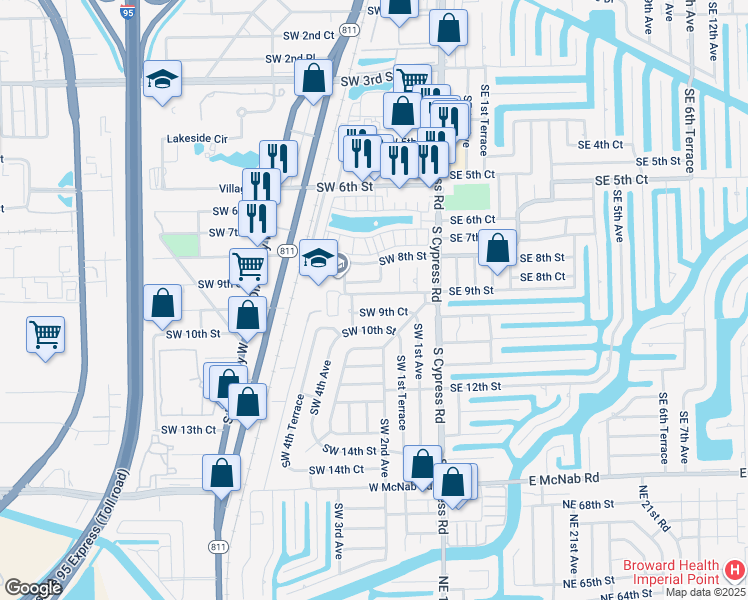 map of restaurants, bars, coffee shops, grocery stores, and more near 191 Southwest 9th Street in Pompano Beach