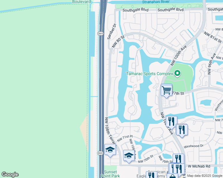 map of restaurants, bars, coffee shops, grocery stores, and more near 7385 North Devon Drive in Tamarac