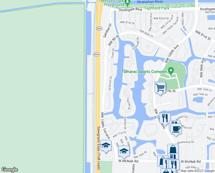 map of restaurants, bars, coffee shops, grocery stores, and more near 7385 North Devon Drive in Tamarac