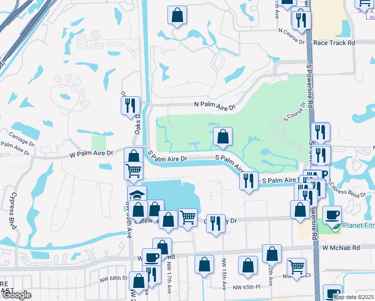 map of restaurants, bars, coffee shops, grocery stores, and more near 3310 North Palm Aire Drive in Pompano Beach