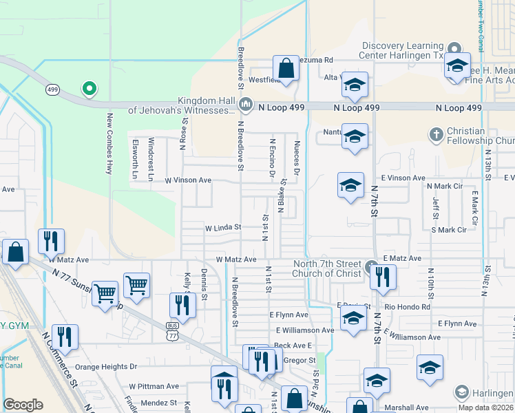 map of restaurants, bars, coffee shops, grocery stores, and more near 2618 East Euna Court in Harlingen