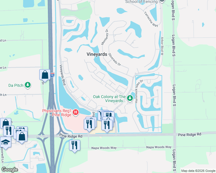 map of restaurants, bars, coffee shops, grocery stores, and more near 175 San Rafael Lane in Naples