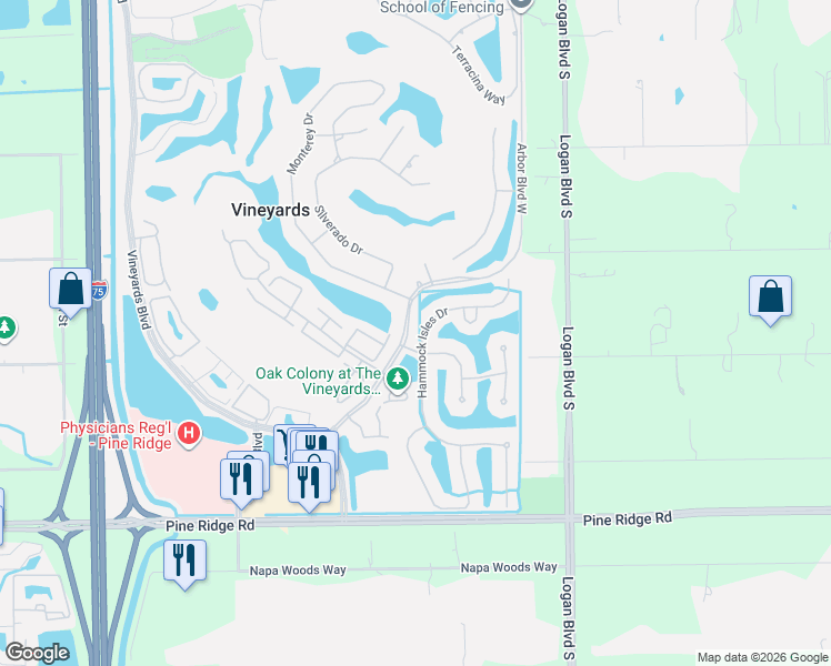 map of restaurants, bars, coffee shops, grocery stores, and more near 165 Arbor Boulevard West in Naples