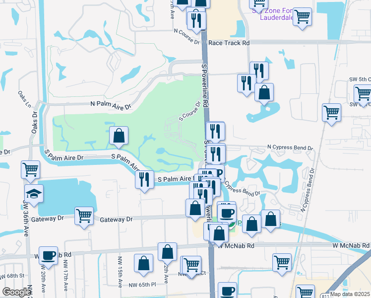 map of restaurants, bars, coffee shops, grocery stores, and more near 3001 South Course Drive in Pompano Beach
