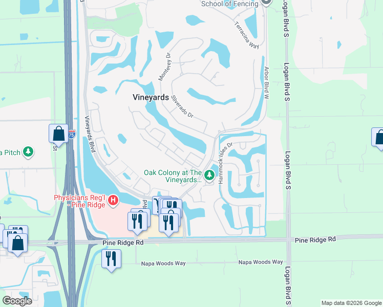 map of restaurants, bars, coffee shops, grocery stores, and more near 5957 Almaden Drive in Naples
