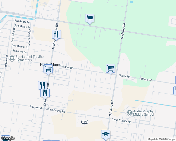 map of restaurants, bars, coffee shops, grocery stores, and more near 1308 Eldora Road in Alamo