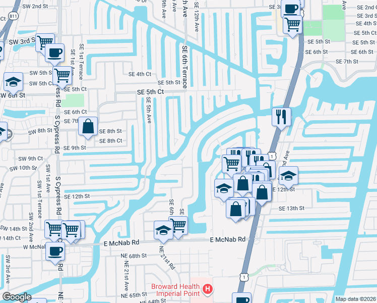 map of restaurants, bars, coffee shops, grocery stores, and more near 911 Southeast 7th Avenue in Pompano Beach