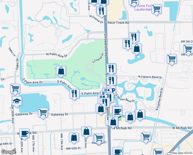 map of restaurants, bars, coffee shops, grocery stores, and more near 3001 South Course Drive in Pompano Beach