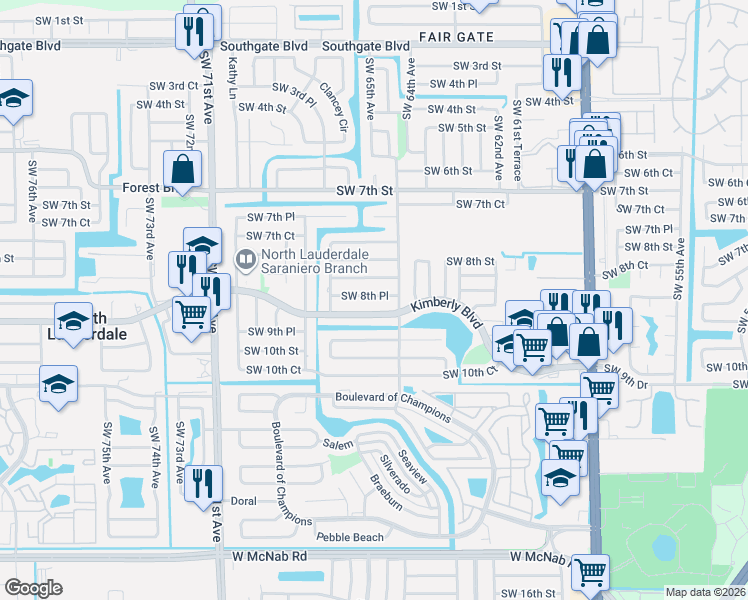 map of restaurants, bars, coffee shops, grocery stores, and more near 6515 Southwest 8th Place in North Lauderdale