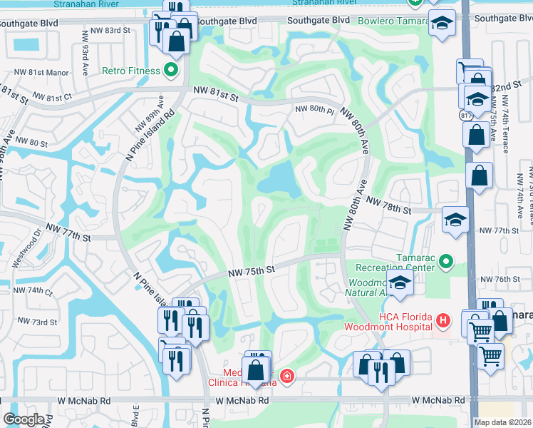 map of restaurants, bars, coffee shops, grocery stores, and more near 7605 Black Olive Way in Tamarac