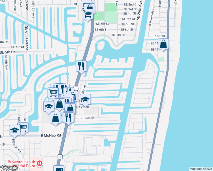 map of restaurants, bars, coffee shops, grocery stores, and more near 2519 Southeast 10th Street in Pompano Beach