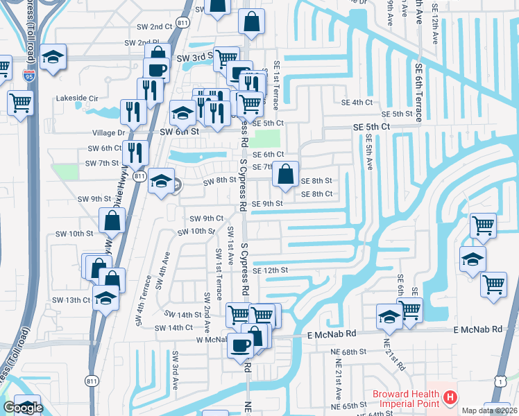 map of restaurants, bars, coffee shops, grocery stores, and more near 130 Southeast 9th Street in Pompano Beach