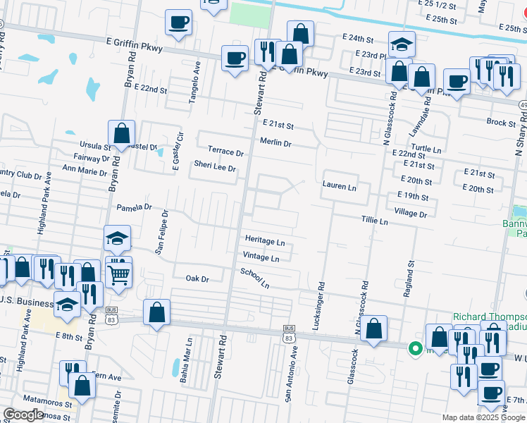map of restaurants, bars, coffee shops, grocery stores, and more near 1606 Lila Beth Lane in Mission
