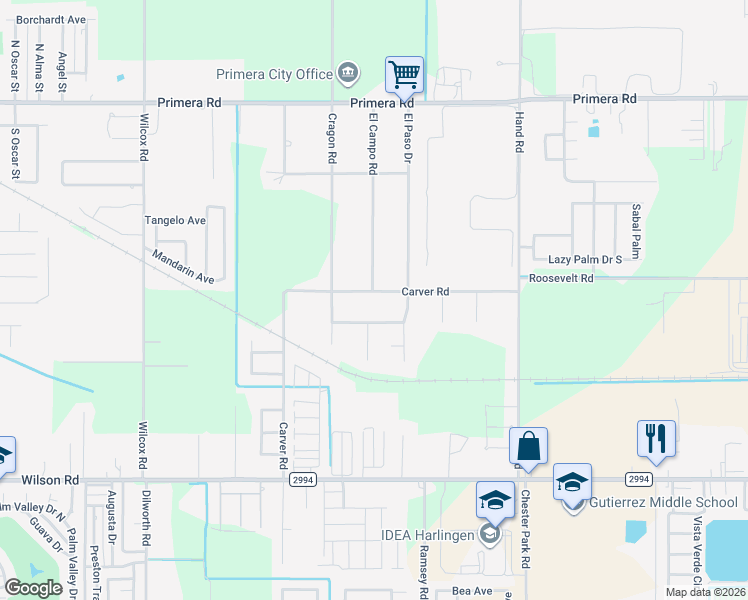 map of restaurants, bars, coffee shops, grocery stores, and more near 17650-17694 County Road 708 in Harlingen
