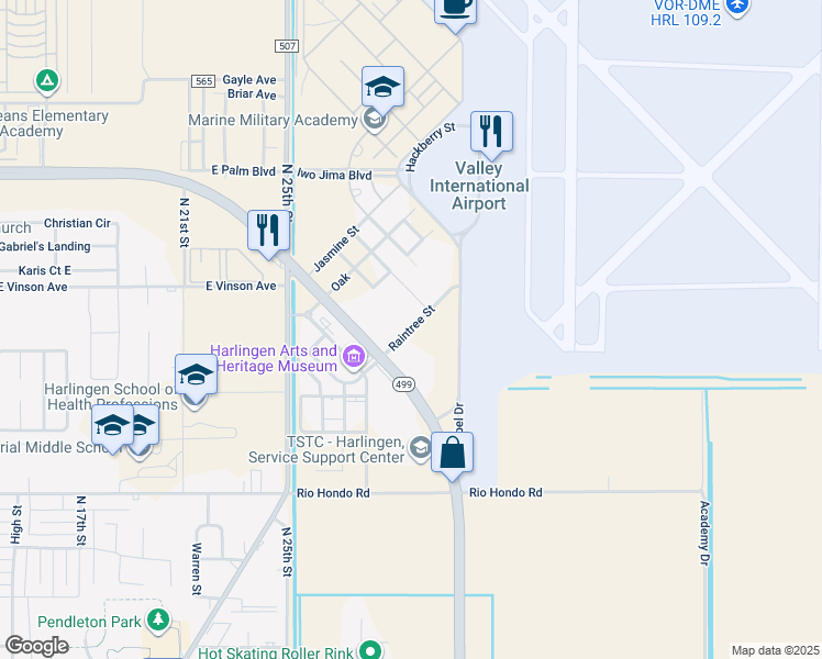 map of restaurants, bars, coffee shops, grocery stores, and more near Raintree Street in Harlingen