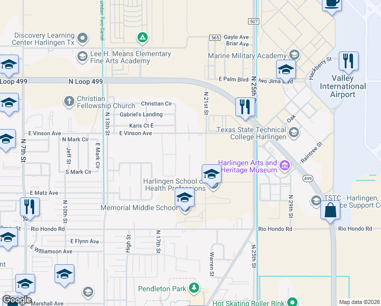 map of restaurants, bars, coffee shops, grocery stores, and more near 2799 North 20 1/2 Street in Harlingen