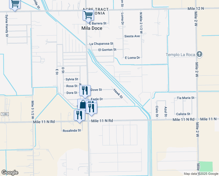map of restaurants, bars, coffee shops, grocery stores, and more near 3601 Dove Street in Mercedes