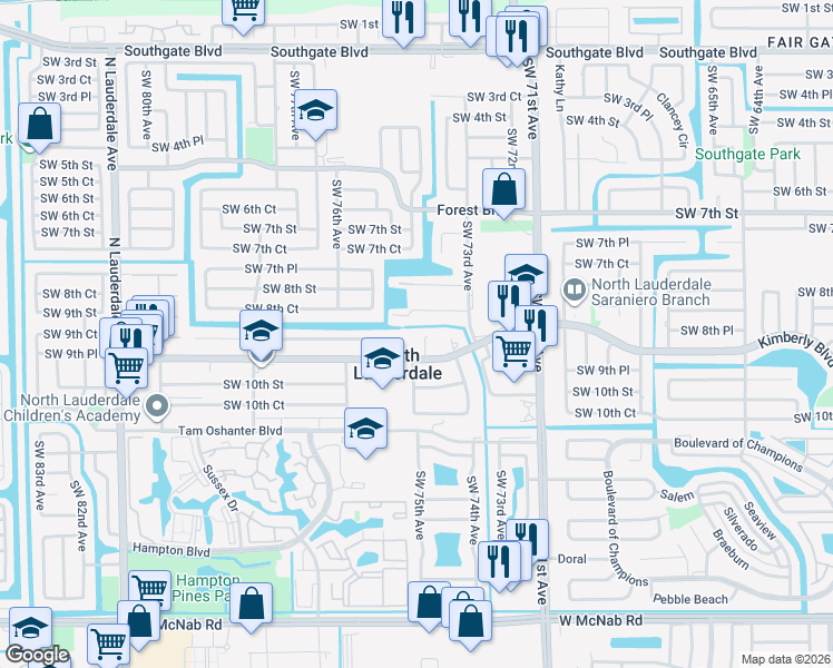 map of restaurants, bars, coffee shops, grocery stores, and more near 830 Southwest 74th Terrace in North Lauderdale
