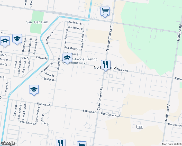 map of restaurants, bars, coffee shops, grocery stores, and more near 1109 Eldora Road in San Juan
