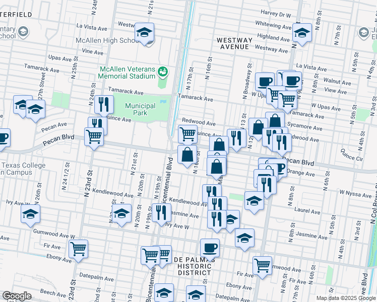 map of restaurants, bars, coffee shops, grocery stores, and more near 1623 Pecan Boulevard in McAllen