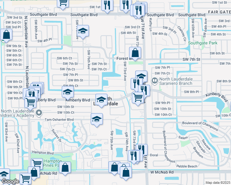 map of restaurants, bars, coffee shops, grocery stores, and more near 830 Southwest 74th Terrace in North Lauderdale