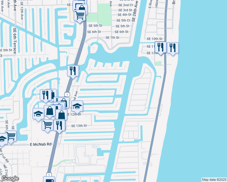 map of restaurants, bars, coffee shops, grocery stores, and more near 2629 Southeast 10th Street in Pompano Beach