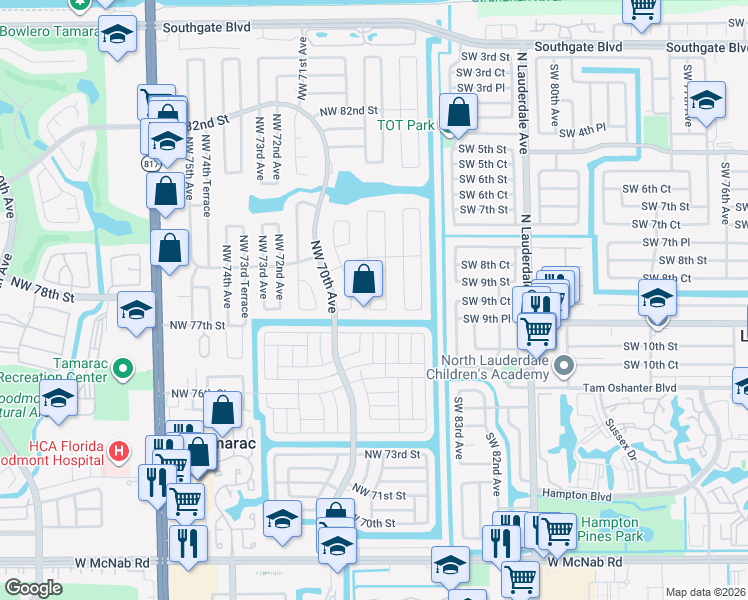 map of restaurants, bars, coffee shops, grocery stores, and more near 7806 Northwest 69th Terrace in Tamarac