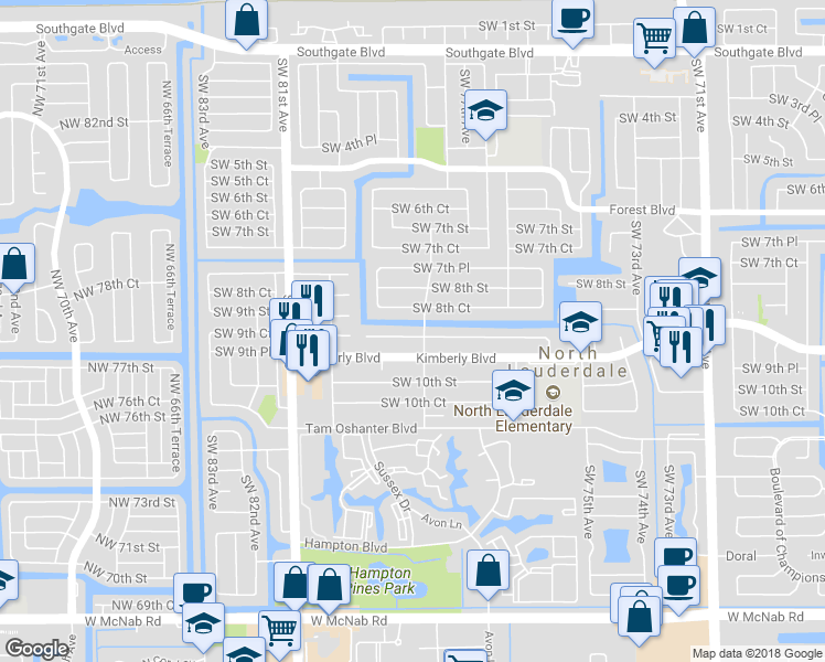 map of restaurants, bars, coffee shops, grocery stores, and more near 7803 Southwest 9th Street in North Lauderdale