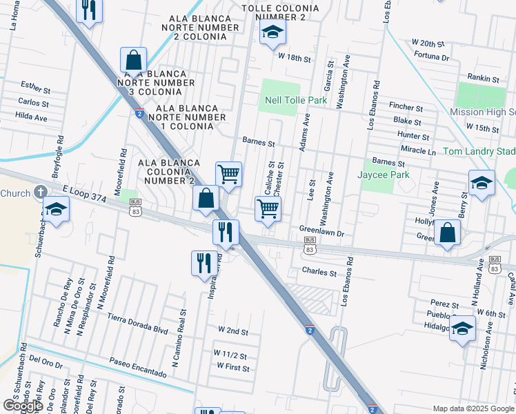 map of restaurants, bars, coffee shops, grocery stores, and more near 130 North Kyle Avenue in Mission