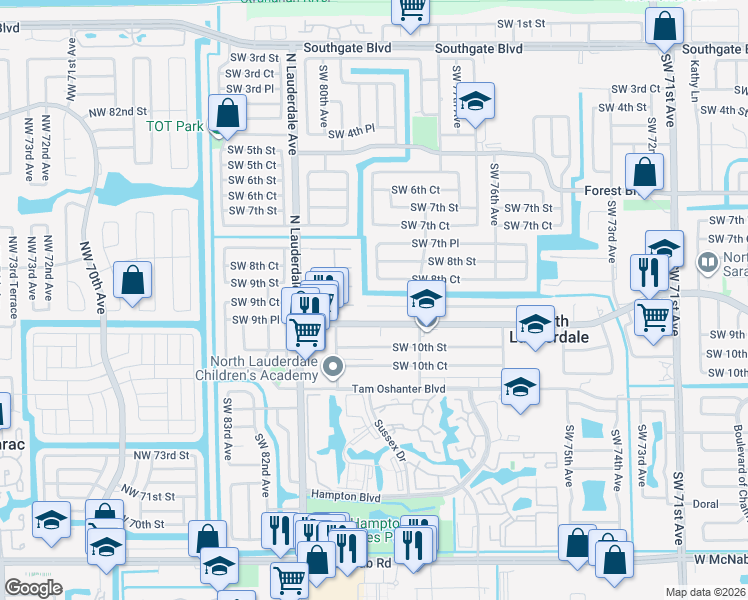 map of restaurants, bars, coffee shops, grocery stores, and more near 7819 Southwest 9th Street in North Lauderdale