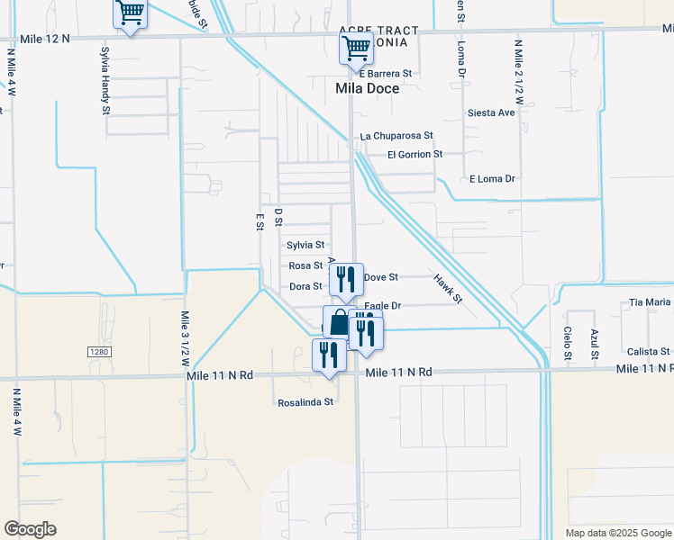 map of restaurants, bars, coffee shops, grocery stores, and more near 6118 A Street in Mercedes