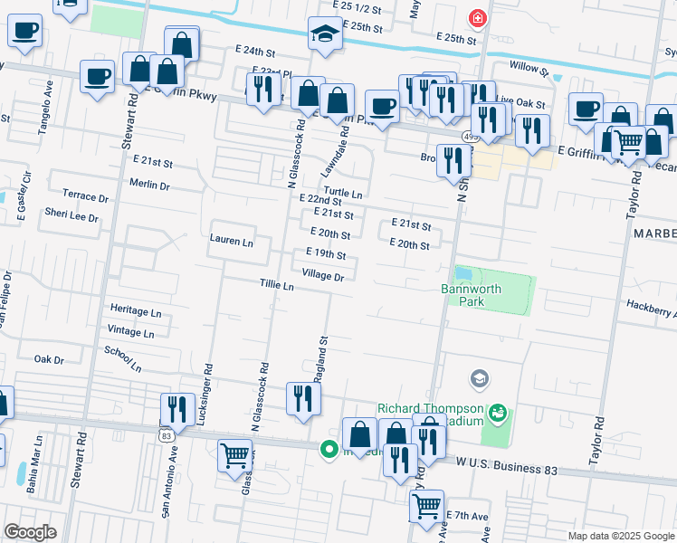map of restaurants, bars, coffee shops, grocery stores, and more near 2021 Village Drive in Mission