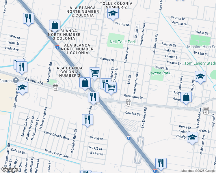 map of restaurants, bars, coffee shops, grocery stores, and more near 130 North Kyle Avenue in Mission