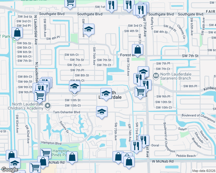 map of restaurants, bars, coffee shops, grocery stores, and more near 7414 Southwest 8th Court in North Lauderdale