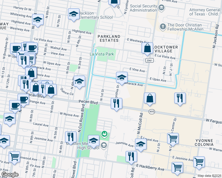 map of restaurants, bars, coffee shops, grocery stores, and more near 120 East Sycamore Avenue in McAllen