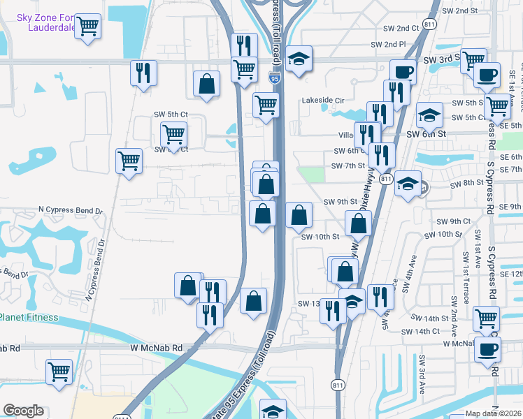 map of restaurants, bars, coffee shops, grocery stores, and more near 854 Southwest 10th Avenue in Pompano Beach