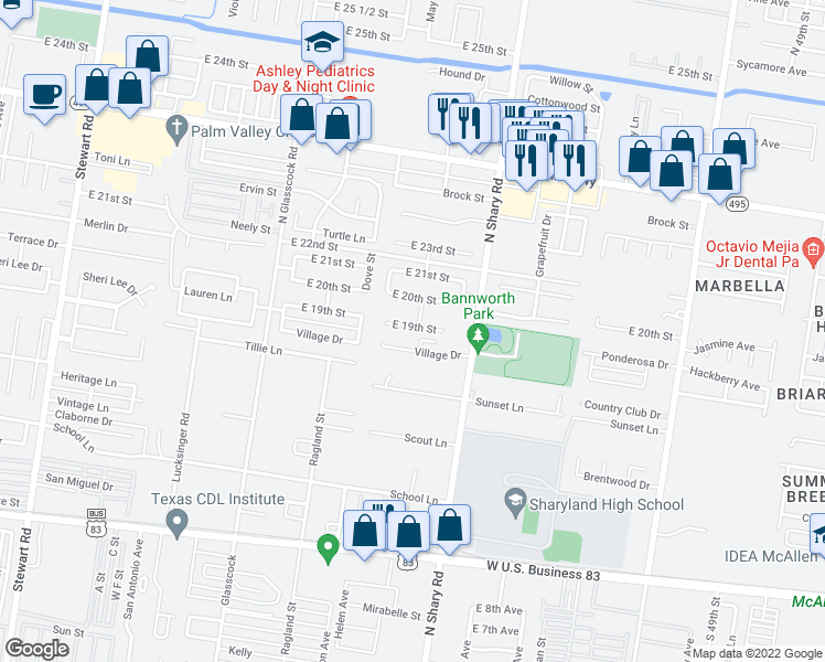 map of restaurants, bars, coffee shops, grocery stores, and more near 2216 East 19th Street in Mission
