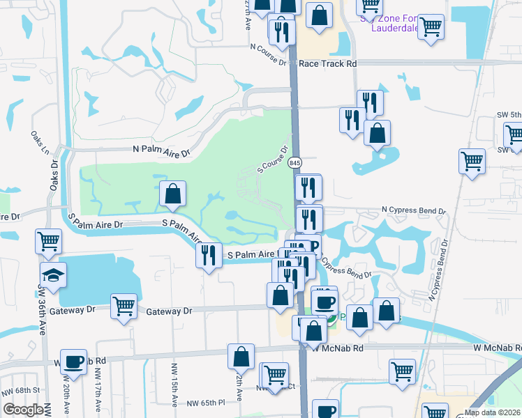 map of restaurants, bars, coffee shops, grocery stores, and more near 3001 South Course Drive in Pompano Beach